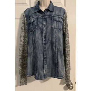 Soft Surroundings Two Tone Denim Button Down Jean Shirt Sequined Sleeve Jacket L